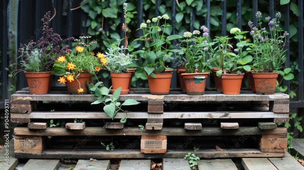 A DIY pallet garden with flower pots of various herbs and flowers. A DIY pallet garden with flower pots of various herbs and flowers.