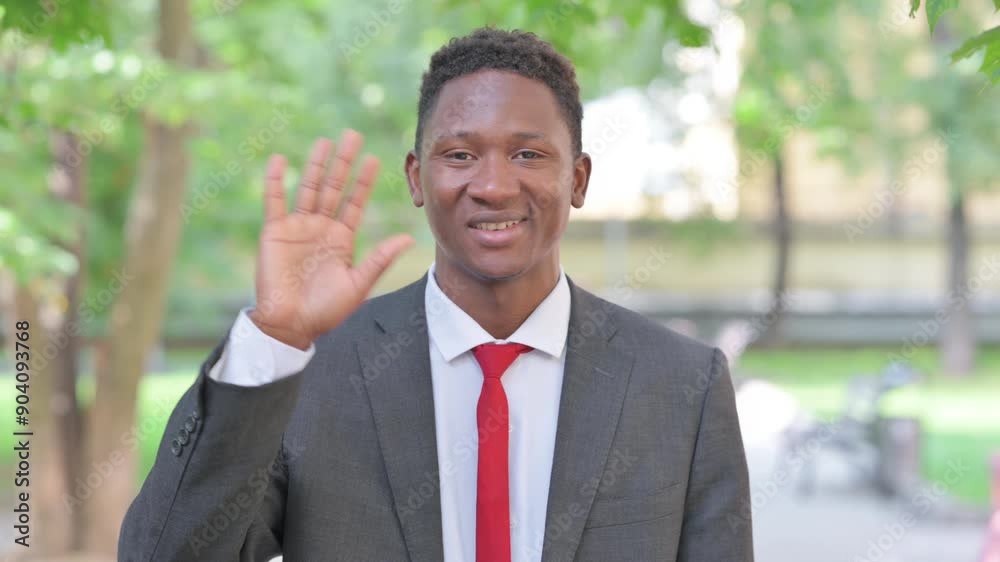 African Businessman Waving Hand to Welcome Outdoor African Businessman Waving Hand to Welcome Outdoor