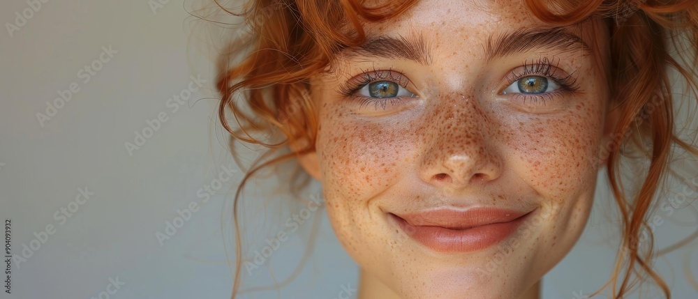 A cheerful young woman with red hair and freckles smiling brightly against a neutral background, showcasing natural beauty and happiness. A cheerful young woman with red hair and freckles smiling brightly against a neutral background, showcasing natural beauty and happiness.