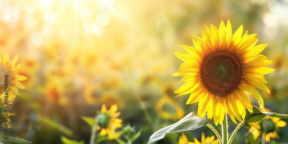 A single sunflower standing tall in a field, illuminated by bright sunlight, against a backdrop of a sunflower field. A single sunflower standing tall in a field, illuminated by bright sunlight, against a backdrop of a sunflower field.