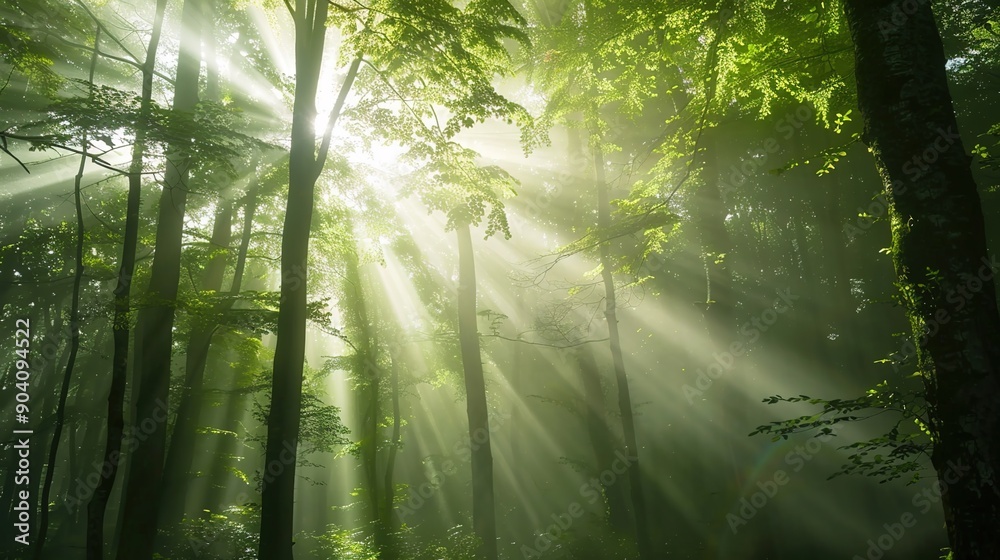 Fototapeta premium Enchanting Morning Fog in Dense Forest with Sun Rays Filtering Through, Embracing Natural Serenity