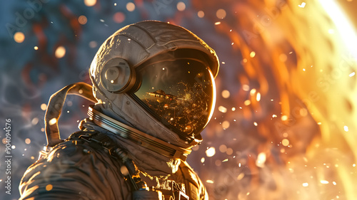 Astronaut in Space Suit with Reflections in Helmet Amidst Fiery Cosmic Background and Floating Particles