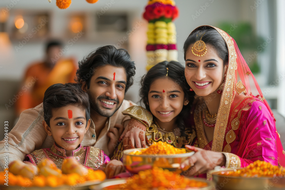 Fototapeta premium happy indian family celebrating diwali festival at home