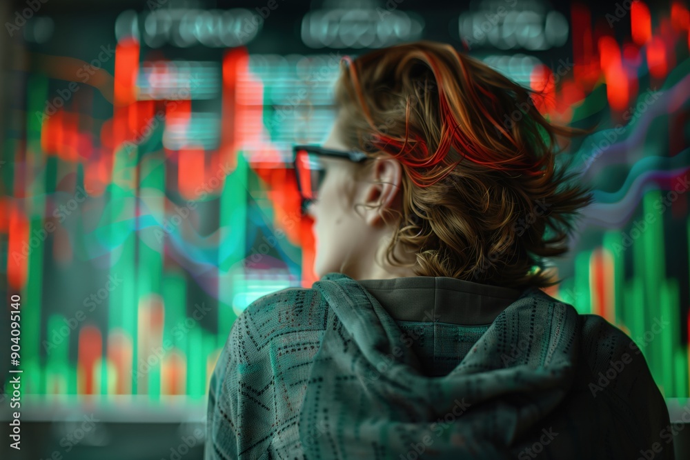 Simple sketch of a person looking at a chart with red and green lines, Market Analysis, Investment Gains and Losses, No logo, No Trademark, No text, minimal concept with copy space for stock photo Simple sketch of a person looking at a chart with red and green lines, Market Analysis, Investment Gains and Losses, No logo, No Trademark, No text, minimal concept with copy space for stock photo