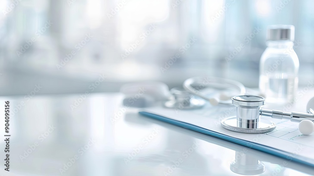 A close-up of medical tools, including a stethoscope and a vial, symbolizing healthcare and professionalism in a clinical setting. A close-up of medical tools, including a stethoscope and a vial, symbolizing healthcare and professionalism in a clinical setting.