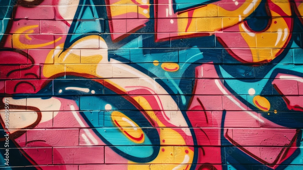 A vibrant, colorful graffiti featuring bold shapes and curves, painted on a brick wall. The artwork consists of intricate lines and dynamic patterns, creating a lively urban scene. A vibrant, colorful graffiti featuring bold shapes and curves, painted on a brick wall. The artwork consists of intricate lines and dynamic patterns, creating a lively urban scene.