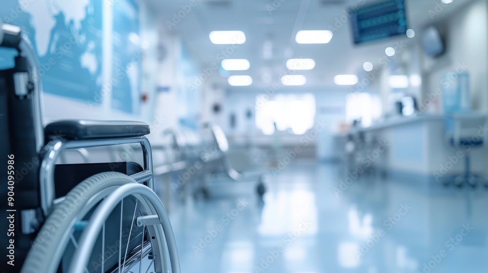 A close-up view of a wheelchair in a bright and clean hospital environment, highlighting accessibility and care for patients. A close-up view of a wheelchair in a bright and clean hospital environment, highlighting accessibility and care for patients.