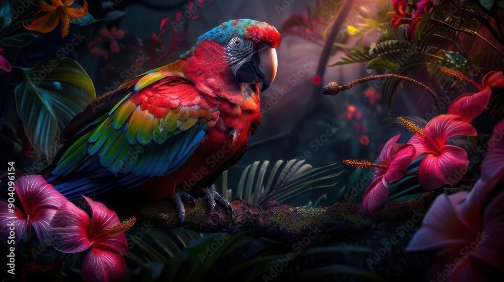 Fototapeta premium Tropical rainforest teeming with diverse flora and fauna, Realism, Vivid hues, Photography