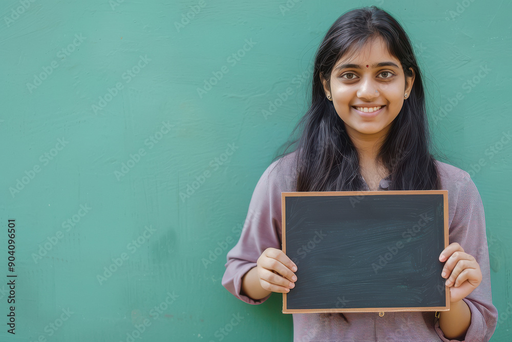 young indian girl holding black slate young indian girl holding black slate
