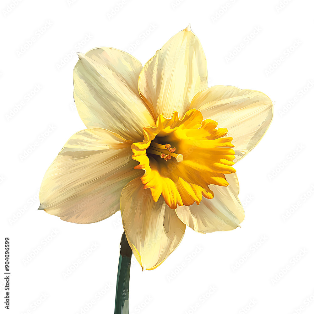 Fototapeta premium A close-up of a vibrant yellow daffodil flower with delicate white petals isolated on transparency PNG background, perfect for spring-themed designs, garden catalogs, or nature-related content,