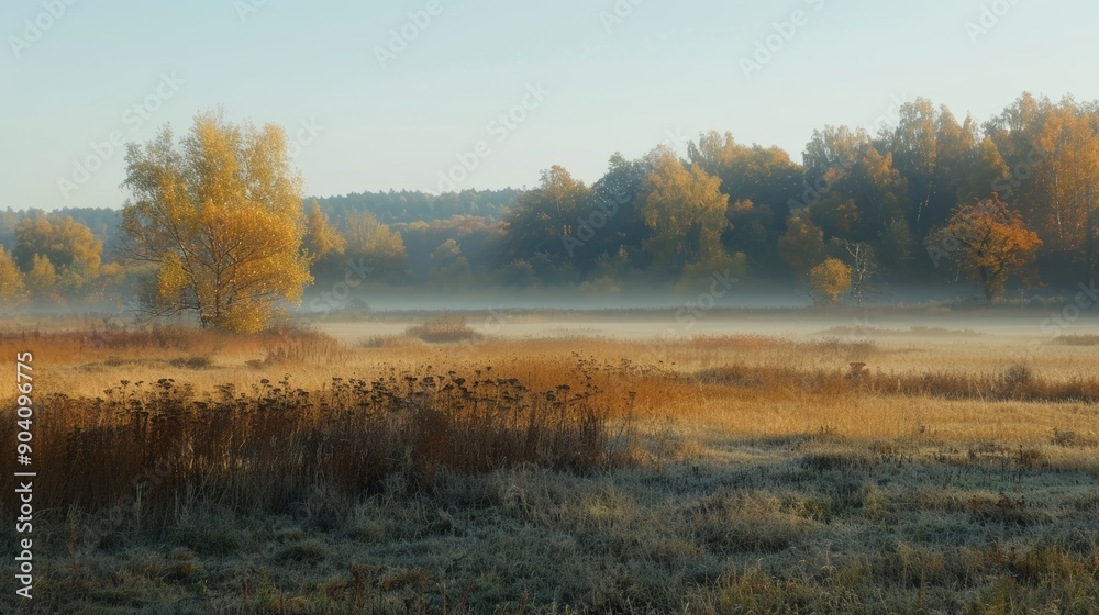 Autumnal field shrouded in morning mist, captured in a realistic landscape photography Autumnal field shrouded in morning mist, captured in a realistic landscape photography