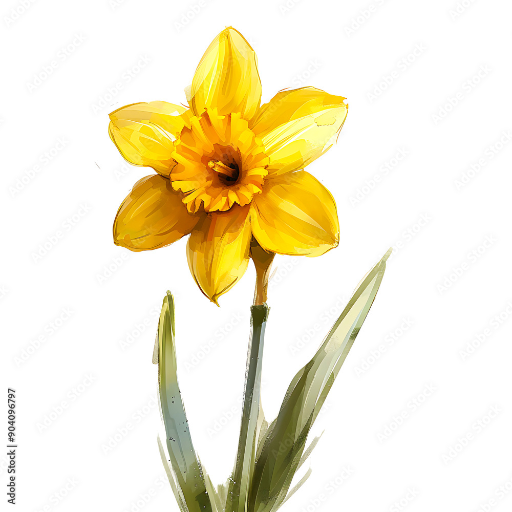 Fototapeta premium A vibrant watercolor illustration of a yellow daffodil isolated on transparency PNG background, featuring detailed petals and a green stem, perfect for spring-themed designs, greeting cards