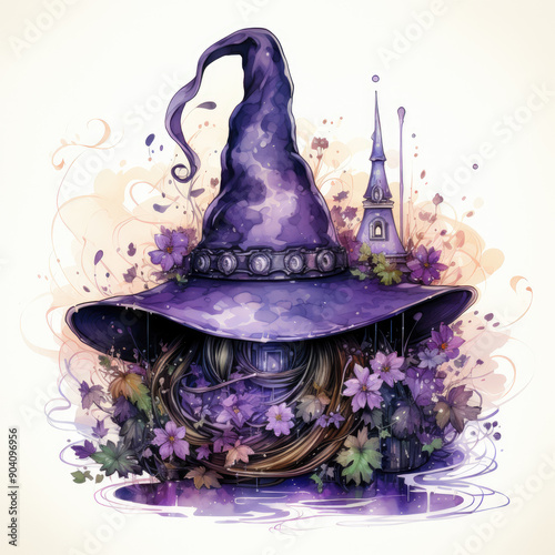 Watercolor Witch Hat, clipart Illustration, Generative Ai