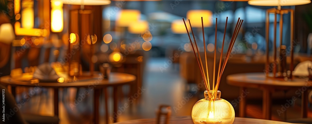 Reed diffuser on stand table, restaurant night scene, living room background, glass lamp, wooden tables, modern decor, high detail photo. Reed diffuser on stand table, restaurant night scene, living room background, glass lamp, wooden tables, modern decor, high detail photo.