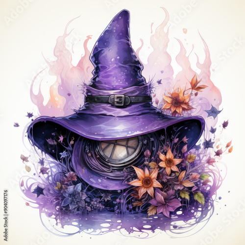 Watercolor Witch Hat, clipart Illustration, Generative Ai