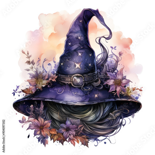 Watercolor Witch Hat, clipart Illustration, Generative Ai