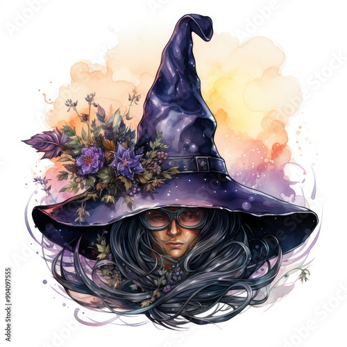 Watercolor Witch Hat, clipart Illustration, Generative Ai
