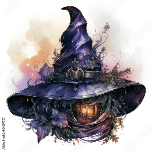 Watercolor Witch Hat, clipart Illustration, Generative Ai