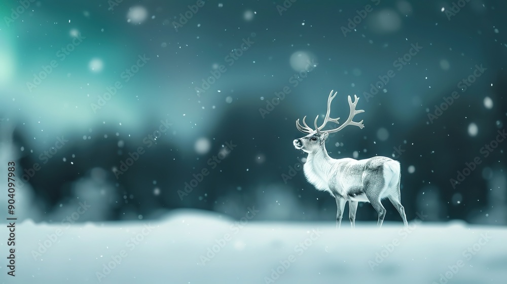 Enchanting Holiday Scene: Reindeer Grazing in Snow-Covered Field Under Northern Lights Enchanting Holiday Scene: Reindeer Grazing in Snow-Covered Field Under Northern Lights