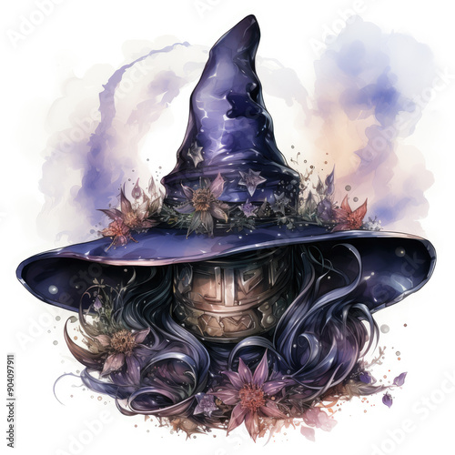 Watercolor Witch Hat, clipart Illustration, Generative Ai