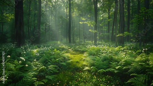 Sunbeams Through Lush Green Forest with Fern and Wildflowers - Illustration