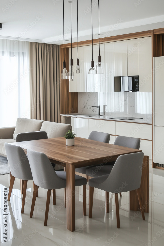Modern minimalistic interior of a kitchen and dining room Modern minimalistic interior of a kitchen and dining room