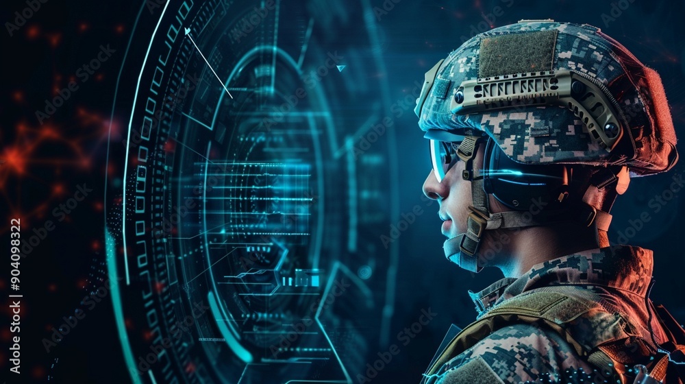© Maria Mikhaylichenko - Futuristic soldier interfacing with advanced holographic display, merging military technology and digital warfare in a cyberpunk-inspired battlefield scenario.