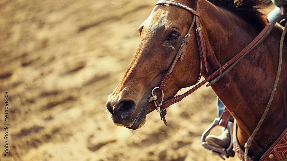 Obraz premium Rider in full gear competes in fast-paced rodeo event on beautiful brown horse