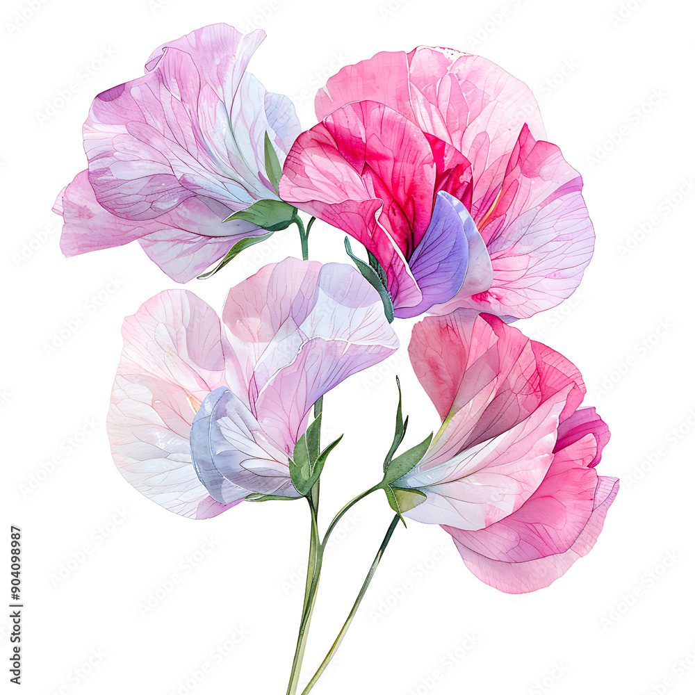Delicate pink and purple sweet pea flowers with translucent petals isolated on transparency PNG background, perfect for use in floral designs, botanical illustrations, cards Delicate pink and purple sweet pea flowers with translucent petals isolated on transparency PNG background, perfect for use in floral designs, botanical illustrations, cards