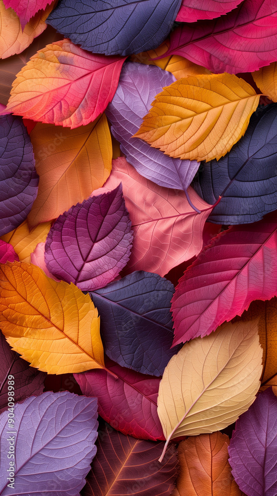 Fototapeta premium A colorful arrangement of fall leaves with detailed textures, highlighting shades of purple, orange, and red.