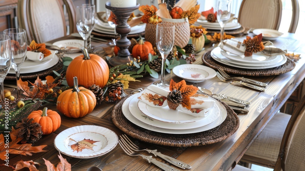Fototapeta premium Thanksgiving table setting with autumn leaves, pumpkins, and rustic decor.