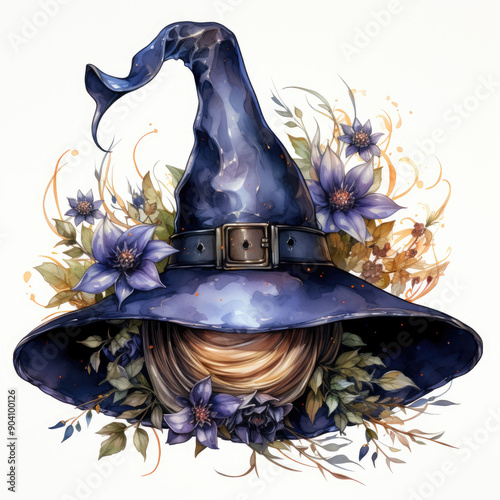 Watercolor Witch Hat, clipart Illustration, Generative Ai