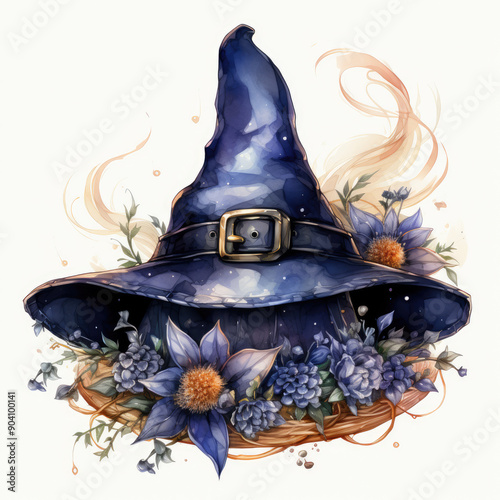 Watercolor Witch Hat, clipart Illustration, Generative Ai