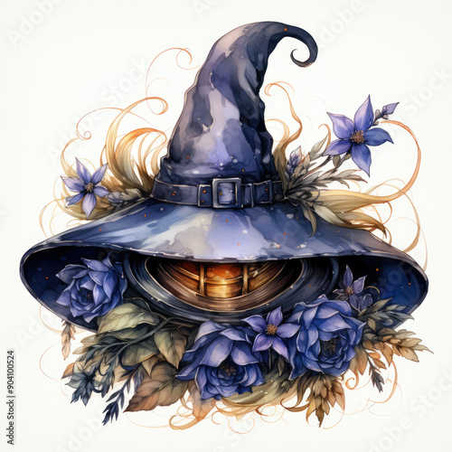 Watercolor Witch Hat, clipart Illustration, Generative Ai