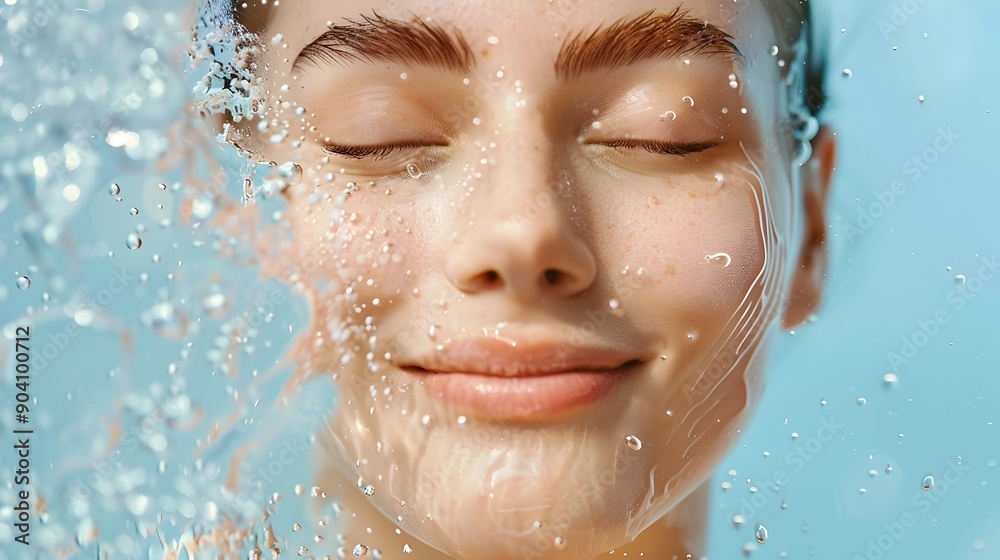 Glowing Woman's Face Splashing under Refreshing Water in Natural Environment Glowing Woman's Face Splashing under Refreshing Water in Natural Environment