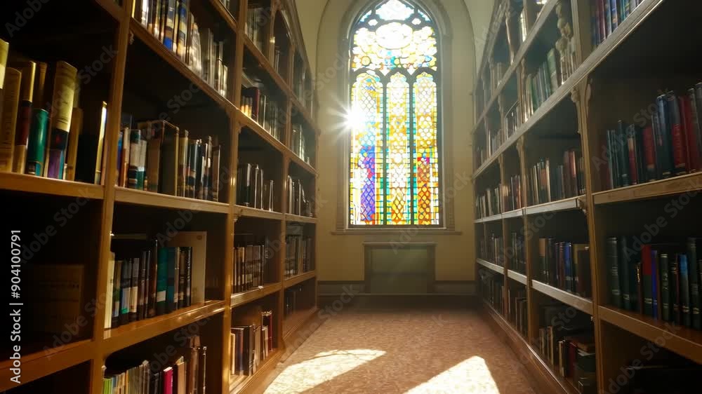 Library Slider Shot Showcasing Empty Study Tables and Book Lined Shelves