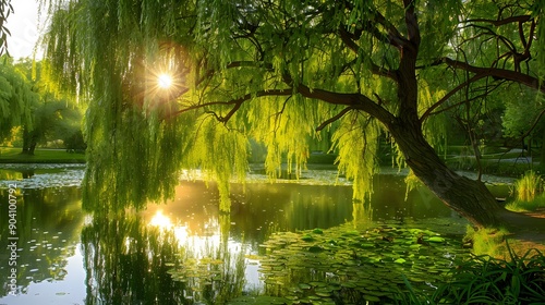 Weeping Willow tree gracefully arching over a tranquil pond in a park photo