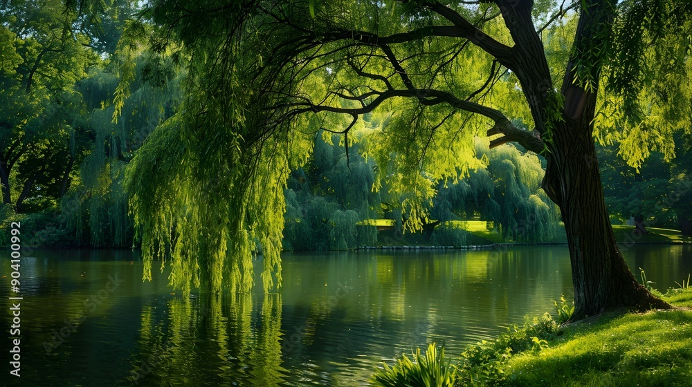 Weeping Willow tree gracefully arching over a tranquil pond in a park Weeping Willow tree gracefully arching over a tranquil pond in a park