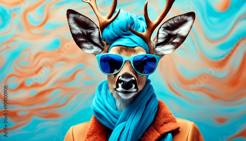 Humorvolles Portrait eines Hirsch mit cooler blauer Sonnenbrille und kuscheligen blauen Schal. Er schaut direkt in die Kamera. Witziges Tierbild für Kinderbücher, Postkarten, Social Media-Posts.	￼