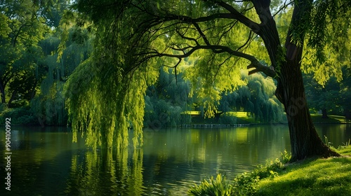 Weeping Willow tree gracefully arching over a tranquil pond in a park