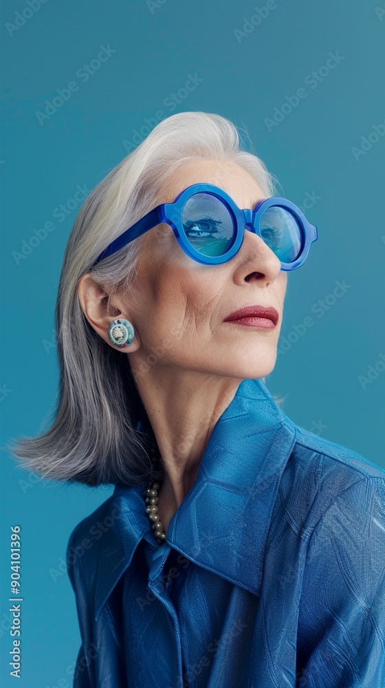 Elegant senior woman with silver hair wearing vibrant blue sunglasses and jacket, exuding confidence against a teal background. Fashion portrait of ageless style.