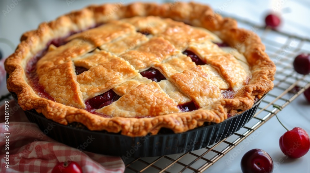 A freshly baked cherry pie with a golden crust A freshly baked cherry pie with a golden crust