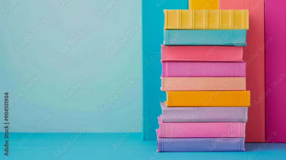 Vibrant stack of colorful books against a solid color background with space for text Vibrant stack of colorful books against a solid color background with space for text