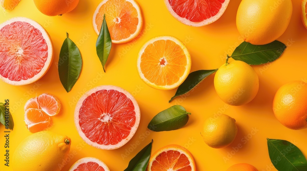 Yellow background with fresh citrus fruits like oranges and grapefruits, highlighting their vibrant and juicy nature. Yellow background with fresh citrus fruits like oranges and grapefruits, highlighting their vibrant and juicy nature.