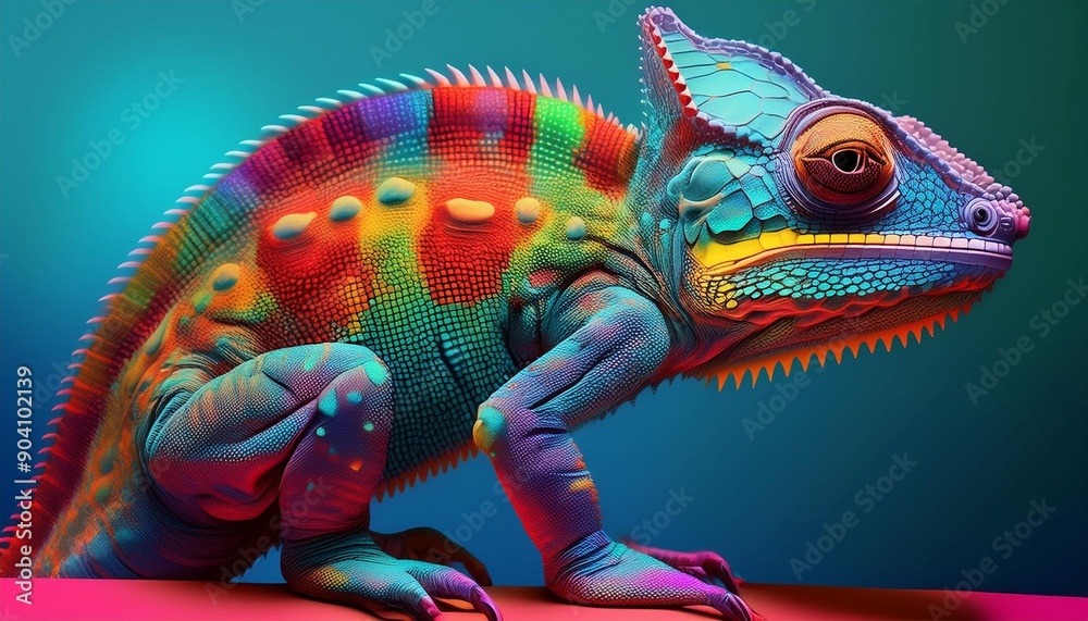 Fototapeta premium cameleon créatif qui marche avec couleurs vives 