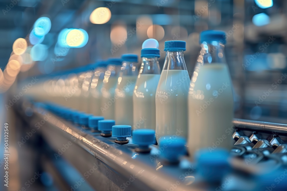 Milk Production Line at Factory with Glass Bottles and Blue Caps Milk Production Line at Factory with Glass Bottles and Blue Caps