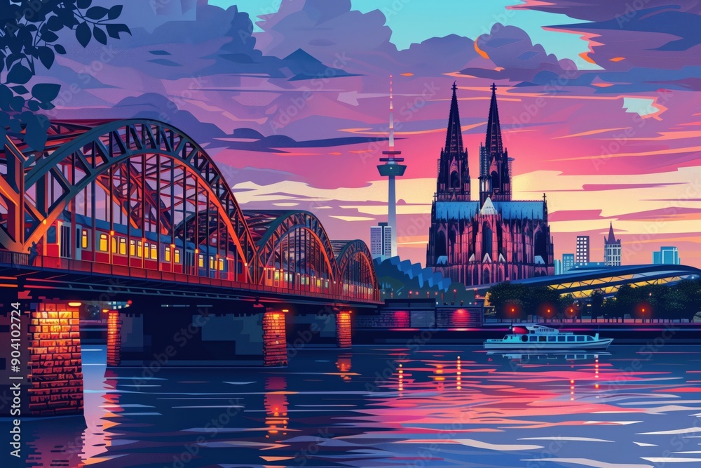 Obraz premium Cologne landmarks, Cologne Cathedral and Hohenzollern Bridge, Germany, minimal flat design illustration, No logo, No Trademark, No text, minimal concept with copy space for stock photo