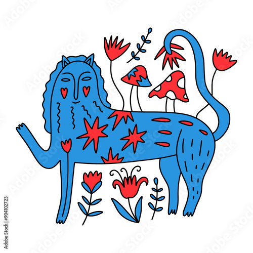 Folk cartoon medieval lion and flowers, fairytale funny groovy whimsical vintage heraldic wild cat flat art. Doodle character with mushrooms and botanical floral details. Hand-drawn bohemian