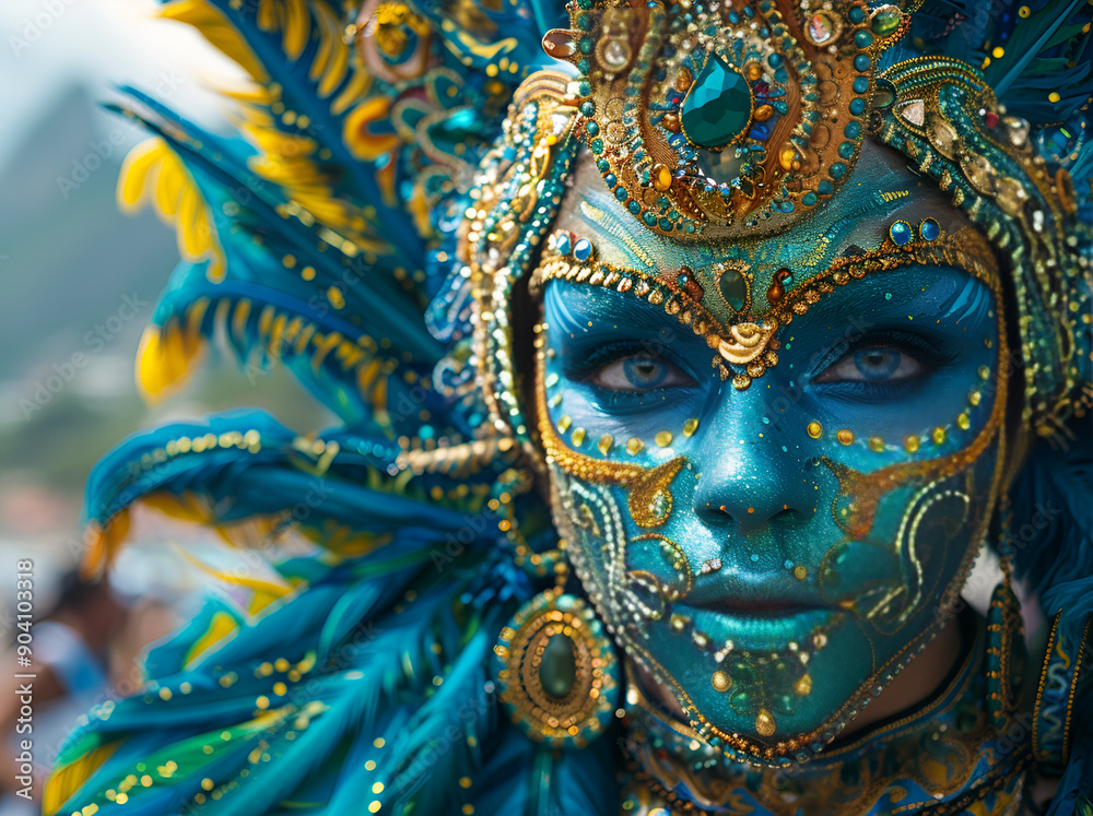 Fototapeta premium A woman with a vibrant face paint and blue feathers.