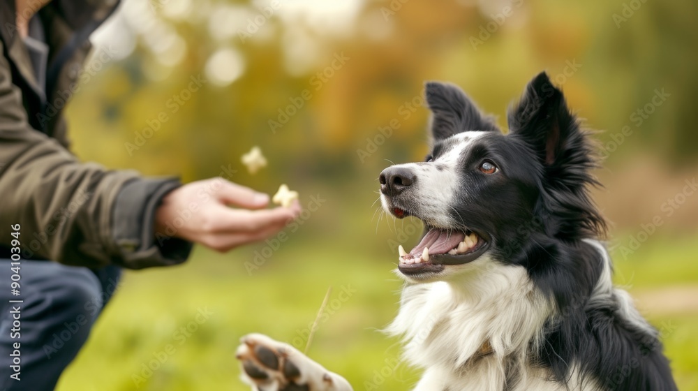 Fototapeta premium A dog performs a trick while the trainer holds a treat in the background